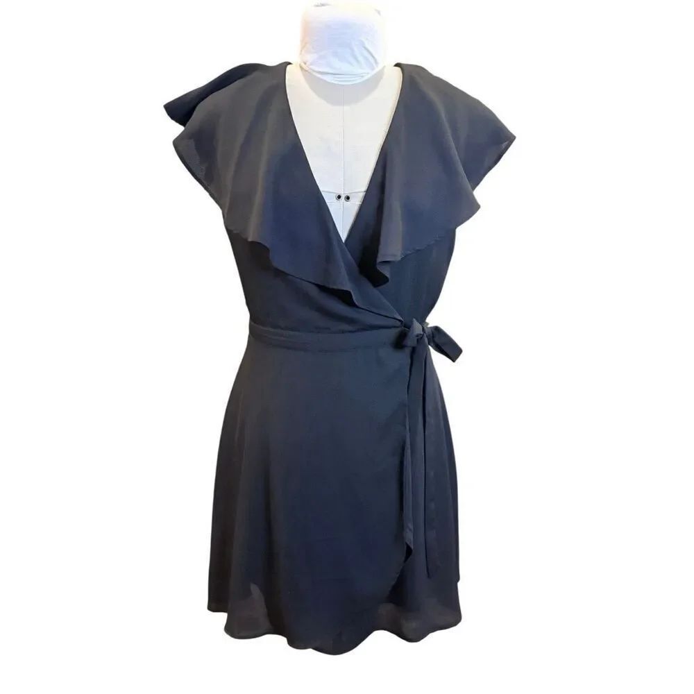 Gianni Bini Ruffle Wrap Dress Large Black Knee Length Feminine Girly